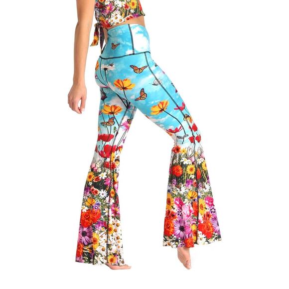 Yoga Democracy Pants - Yoga Democracy Flower Bomb Floral Cloud Butterfly Flare Pants Women's S